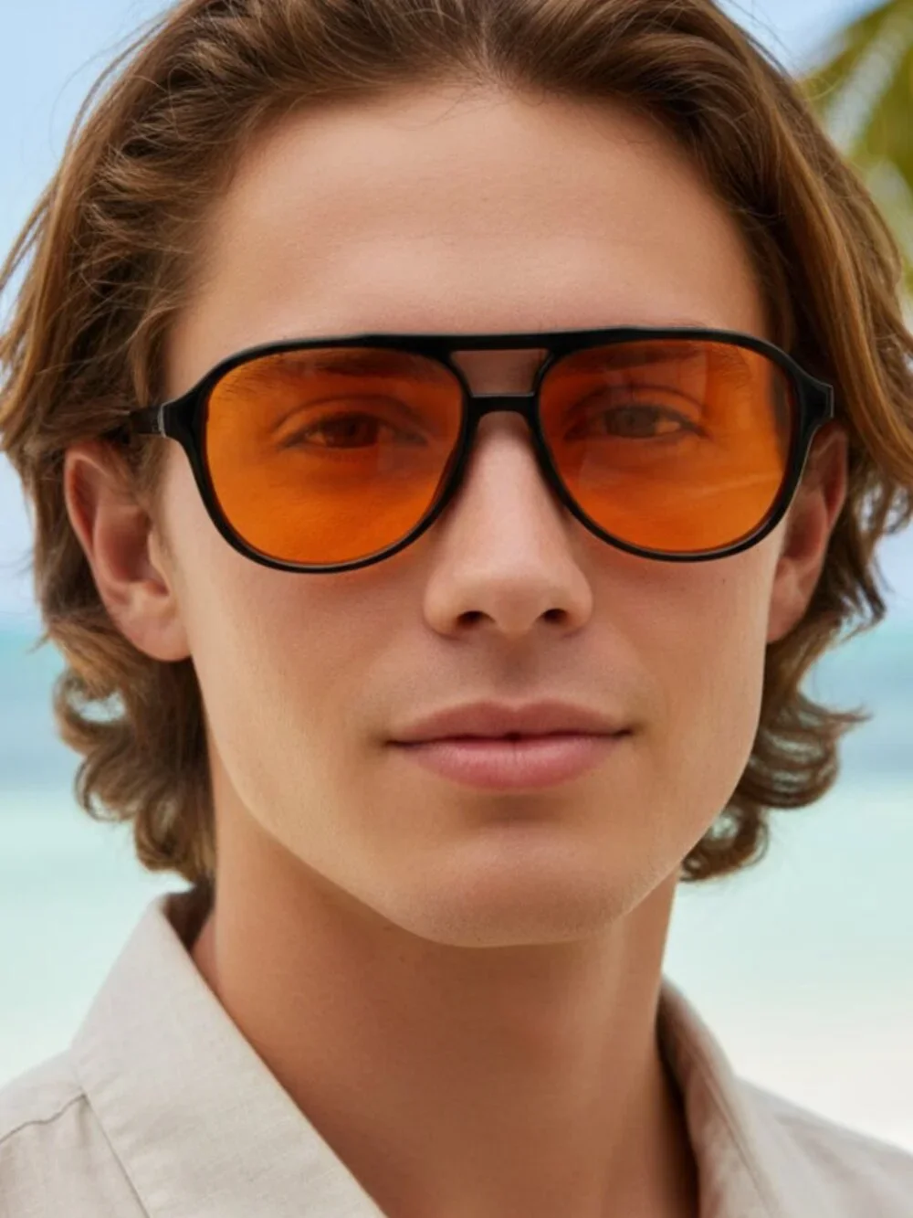 70s Retro Double Bridge Square Sunglasses – Thick Black Frame | Orange Tint UV40
